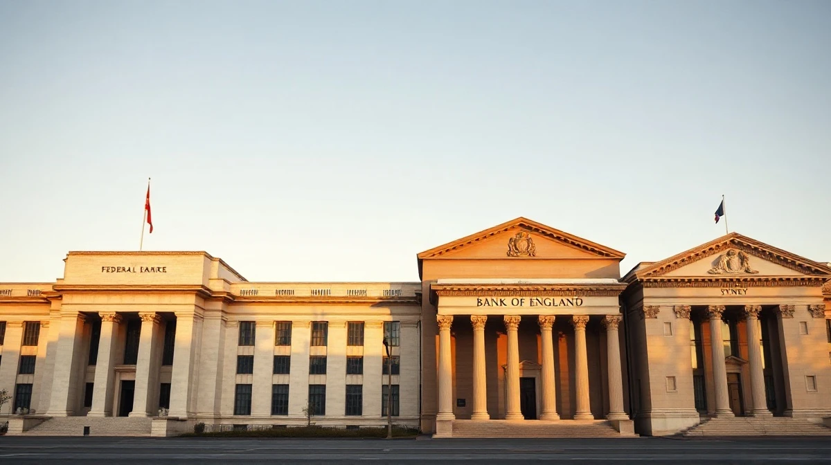 Four central bank headquarters: Federal Reserve, Bank of Japan, Bank of England, and Reserve Bank of Australia