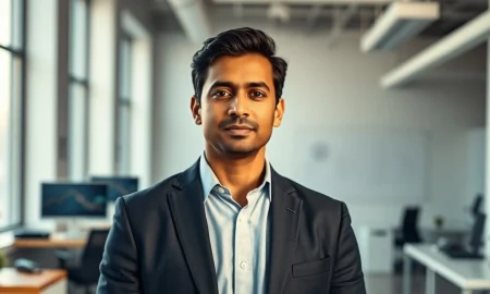 Chamath Palihapitiya in a modern startup office, looking confident and determined