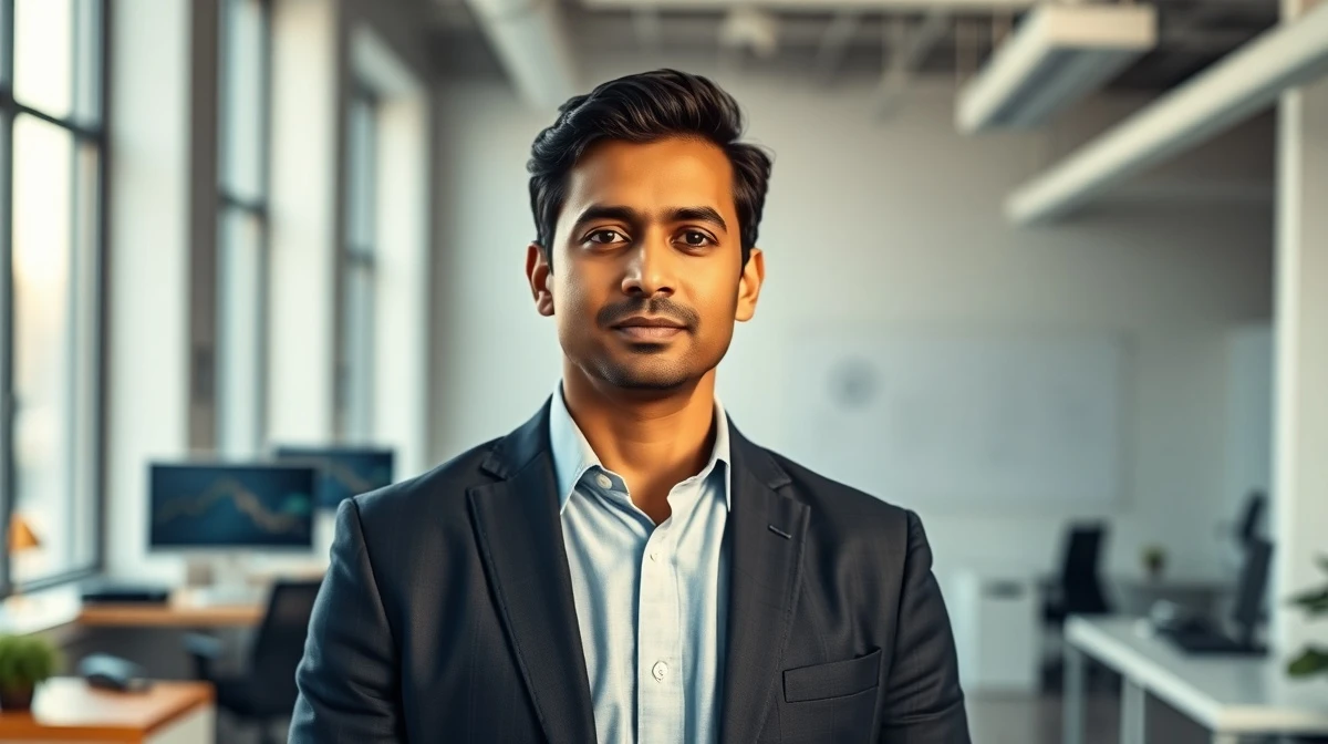 Chamath Palihapitiya in a modern startup office, looking confident and determined