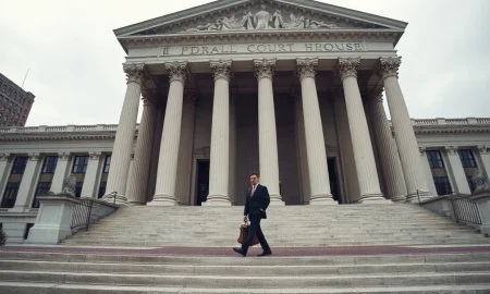 Exterior of a federal courthouse in New York City on a cloudy day.