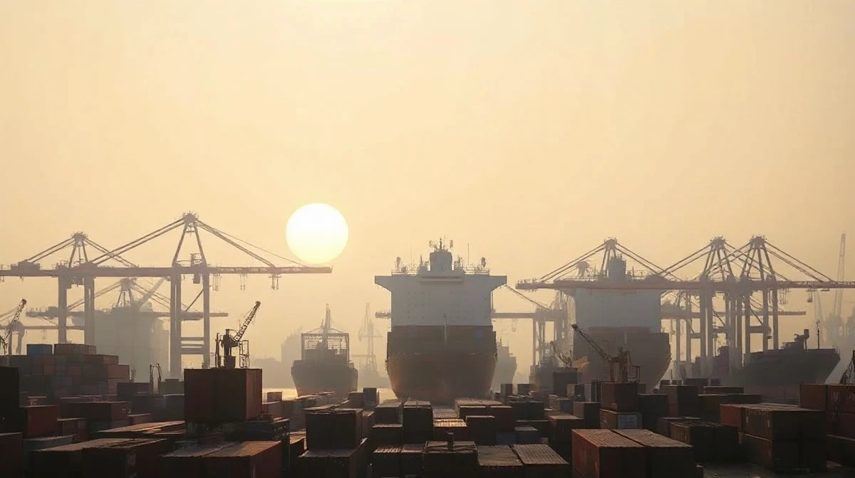 Container ship at a Chinese port at dawn, representing mixed economic signals.