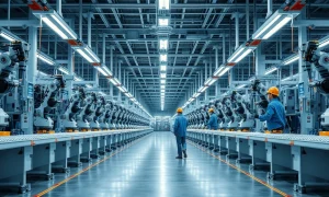 Interior of a modern Chinese factory with assembly line and workers in safety gear.