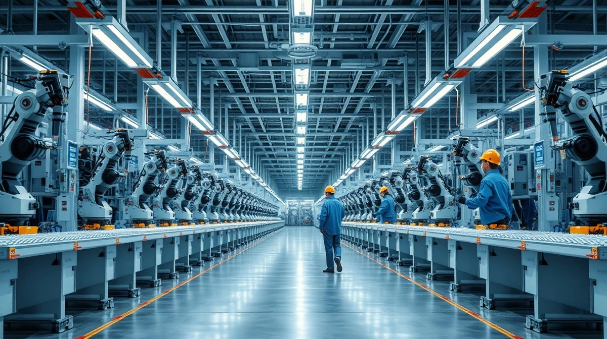 Interior of a modern Chinese factory with assembly line and workers in safety gear.