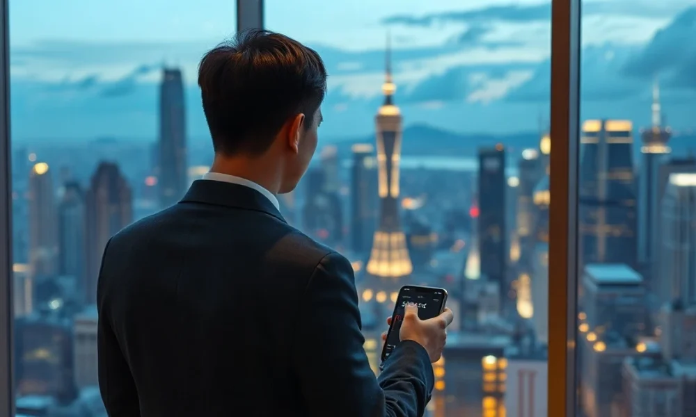 Chinese investor looking at smartphone with SpaceX IPO trading app in Shanghai office