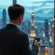 Chinese investor looking at smartphone with SpaceX IPO trading app in Shanghai office