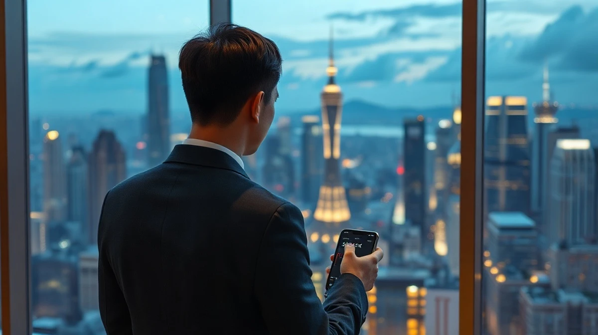 Chinese investor looking at smartphone with SpaceX IPO trading app in Shanghai office
