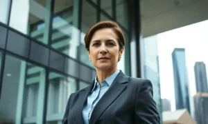 Former Citigroup executive in business suit standing outside a financial district building, looking serious