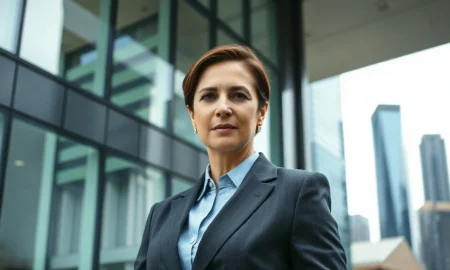 Former Citigroup executive in business suit standing outside a financial district building, looking serious