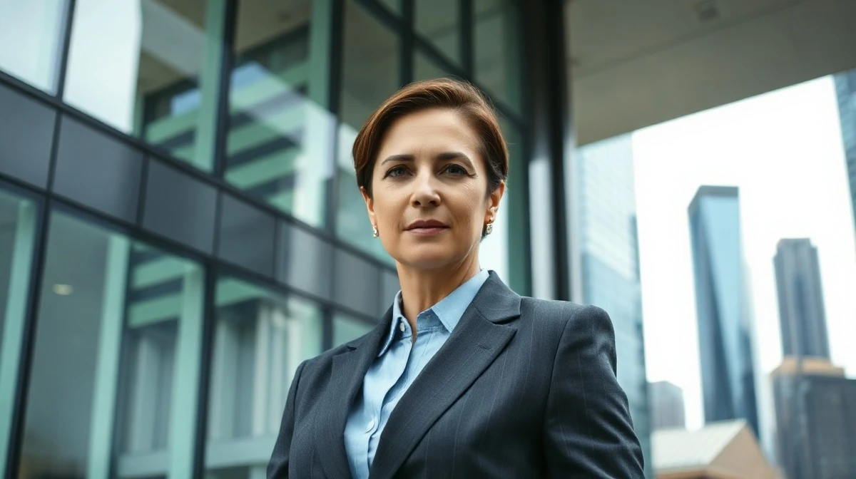 Former Citigroup executive in business suit standing outside a financial district building, looking serious
