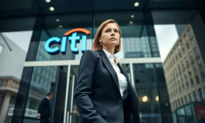 A woman in a business suit exits a Citigroup office building in a financial district.
