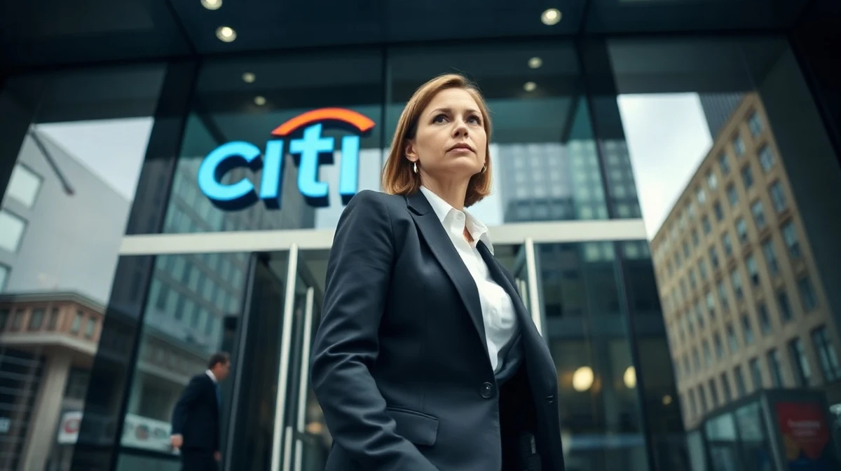 A woman in a business suit exits a Citigroup office building in a financial district.