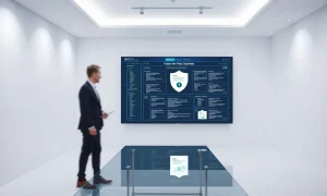 Modern data room interior with a digital document-sharing interface on a central screen