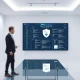 Modern data room interior with a digital document-sharing interface on a central screen