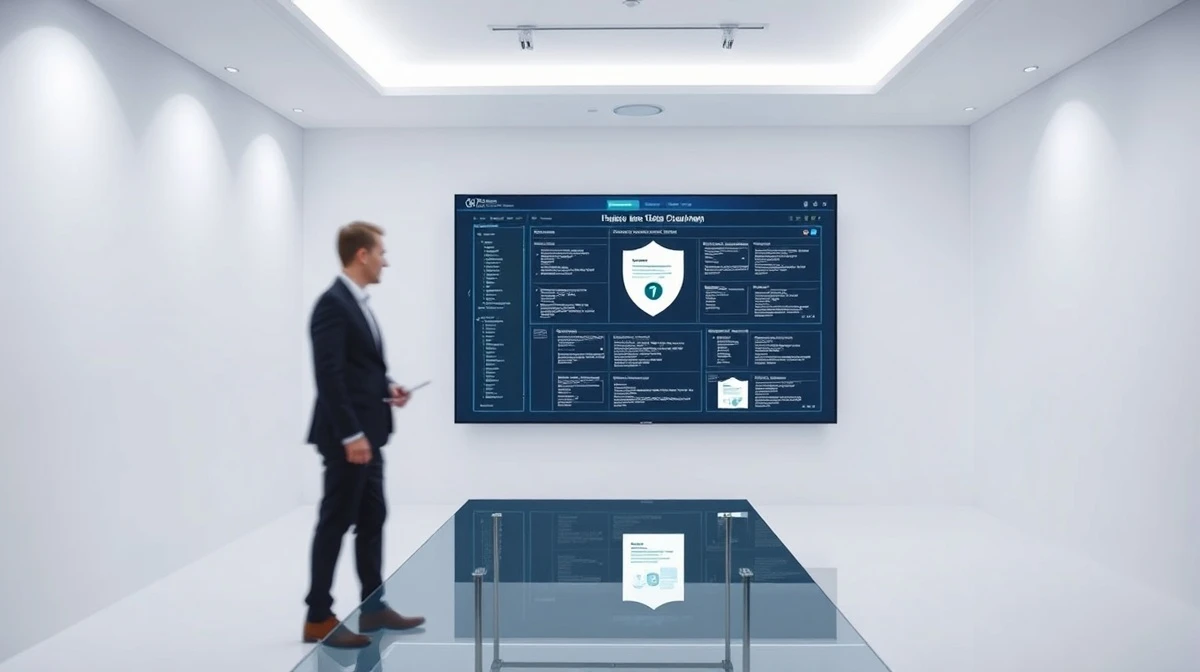 Modern data room interior with a digital document-sharing interface on a central screen