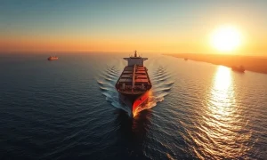 Oil tanker in the Strait of Hormuz at sunset
