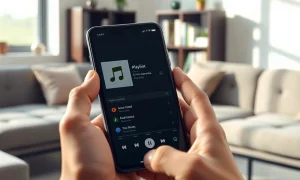 Smartphone displaying a music playlist with an AI-generated track detection alert
