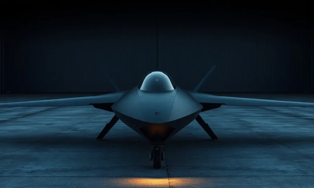Sleek black drone prototype on a tarmac at dusk in a defense tech hangar