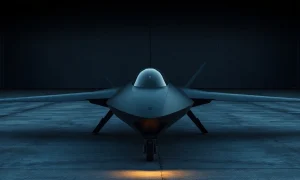 Sleek black drone prototype on a tarmac at dusk in a defense tech hangar