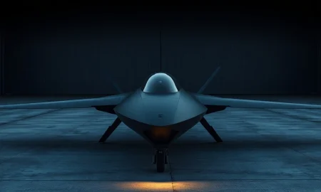 Sleek black drone prototype on a tarmac at dusk in a defense tech hangar