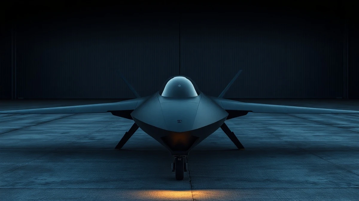 Sleek black drone prototype on a tarmac at dusk in a defense tech hangar