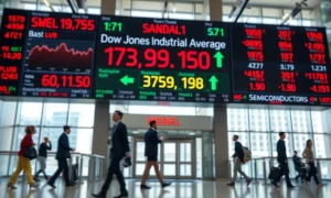 Stock market display board showing Dow Jones and semiconductor sector performance