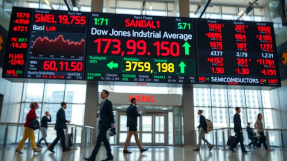 Stock market display board showing Dow Jones and semiconductor sector performance