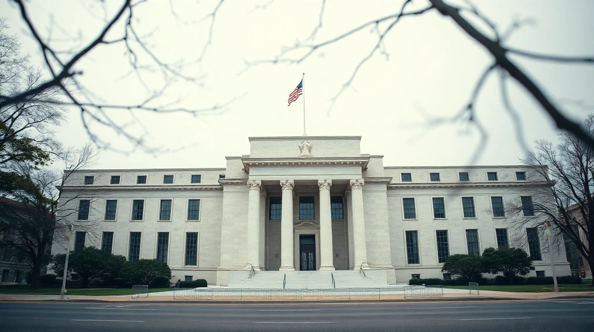 Federal Reserve building in Washington D.C. on a cloudy day, symbolizing financial regulation and economic stress tests.