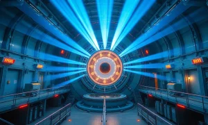 Interior of a laser fusion reactor hall with laser beams converging on a fuel target chamber