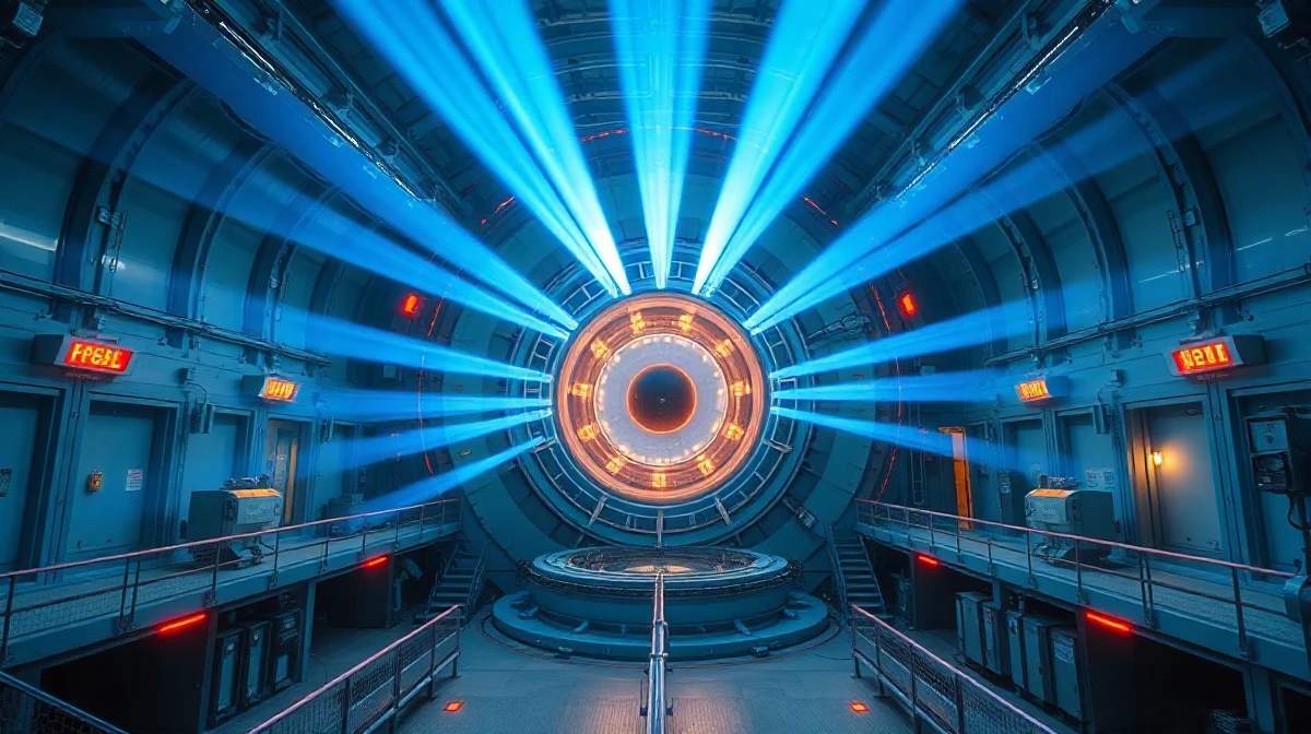 Interior of a laser fusion reactor hall with laser beams converging on a fuel target chamber