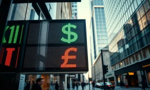 Currency exchange board showing US Dollar and British Pound rates in a financial district