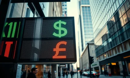 Currency exchange board showing US Dollar and British Pound rates in a financial district