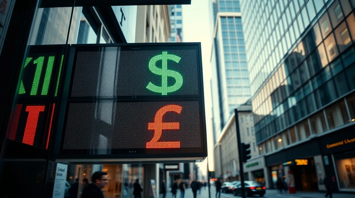 Currency exchange board showing US Dollar and British Pound rates in a financial district