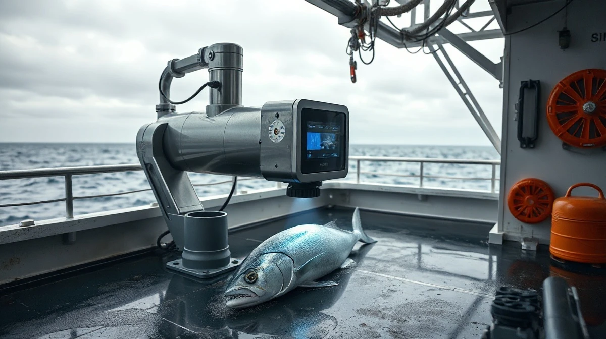 Shinkei Systems' Poseidon robot on a fishing boat scanning a fish for humane harvesting