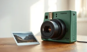 Fujifilm Instax Wide 400 instant camera in green with a wide-format photo on a wooden table