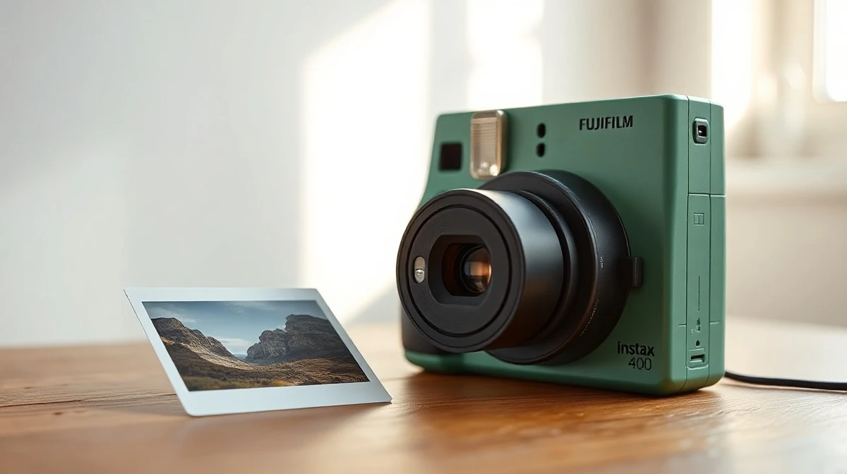 Fujifilm Instax Wide 400 instant camera in green with a wide-format photo on a wooden table