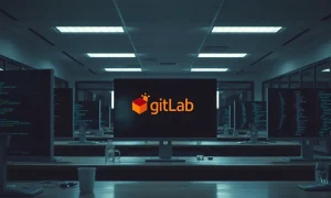 Empty office desks with code on monitors representing GitLab layoffs and restructuring