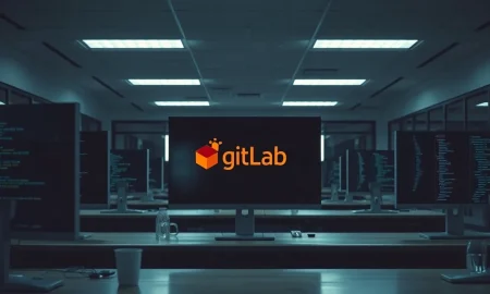 Empty office desks with code on monitors representing GitLab layoffs and restructuring