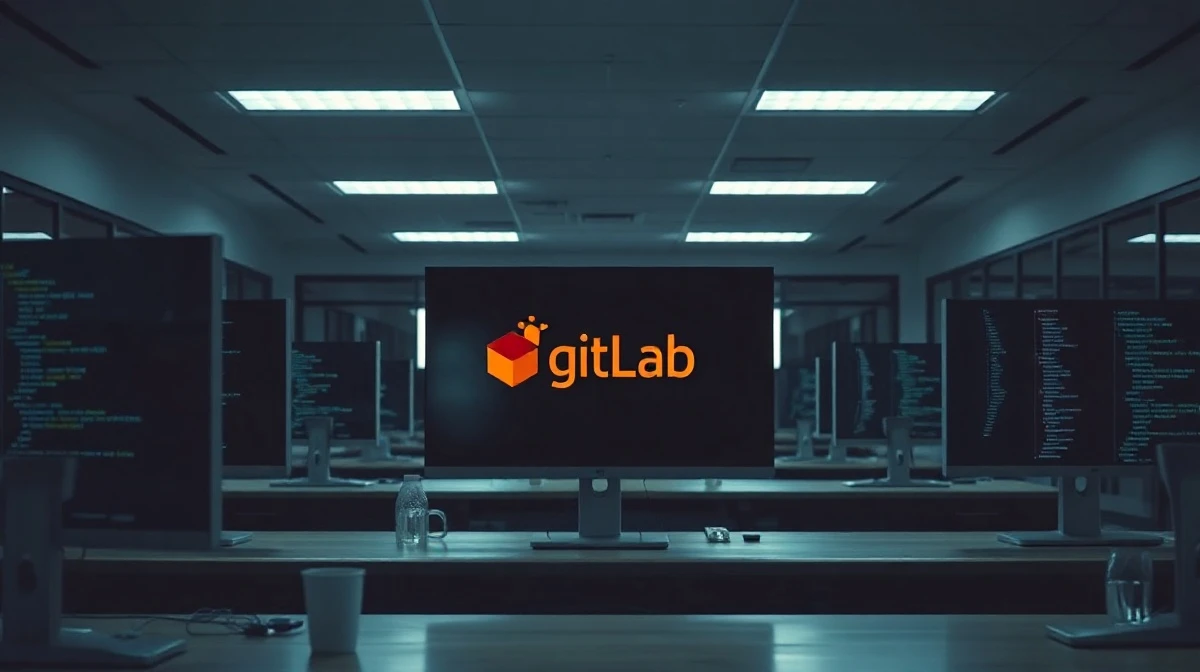 Empty office desks with code on monitors representing GitLab layoffs and restructuring