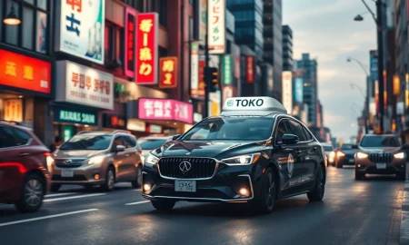 A taxi or autonomous vehicle driving through a Tokyo city street at night with neon signs