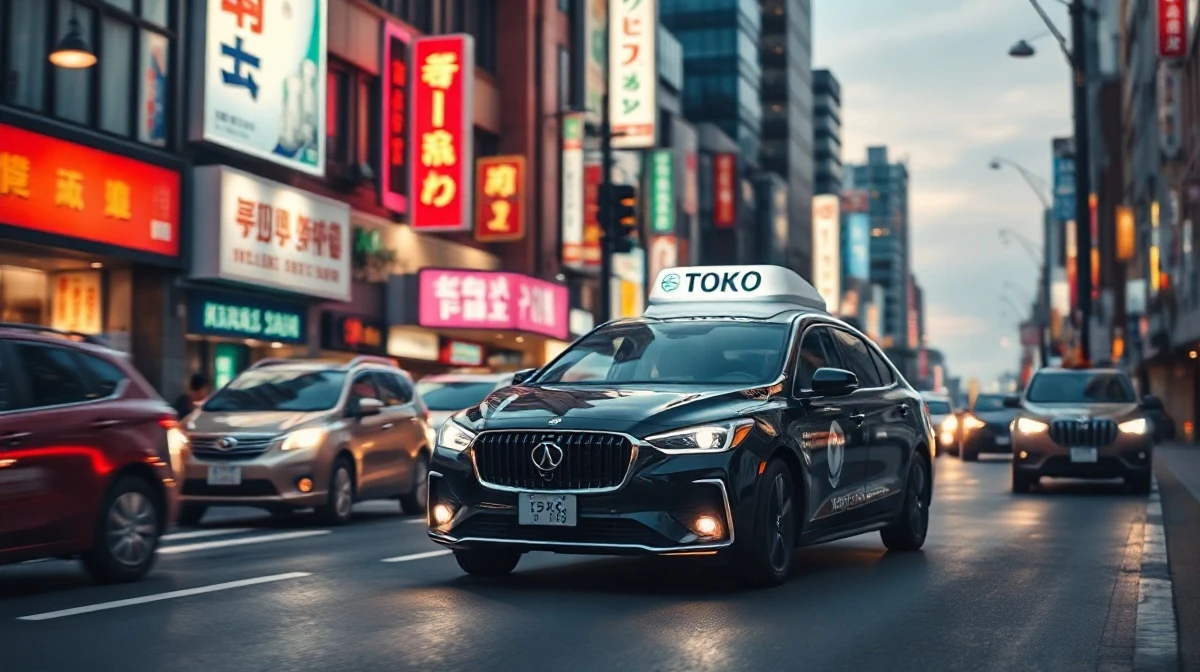 A taxi or autonomous vehicle driving through a Tokyo city street at night with neon signs