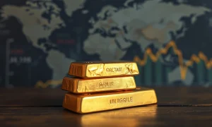Gold bars on dark surface with world map and oil chart in background
