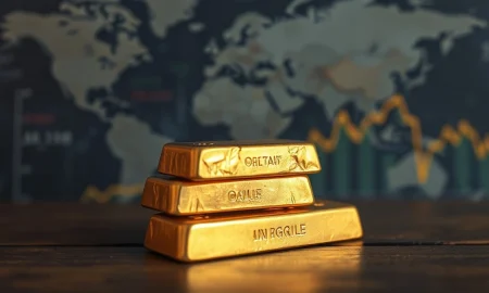 Gold bars on dark surface with world map and oil chart in background