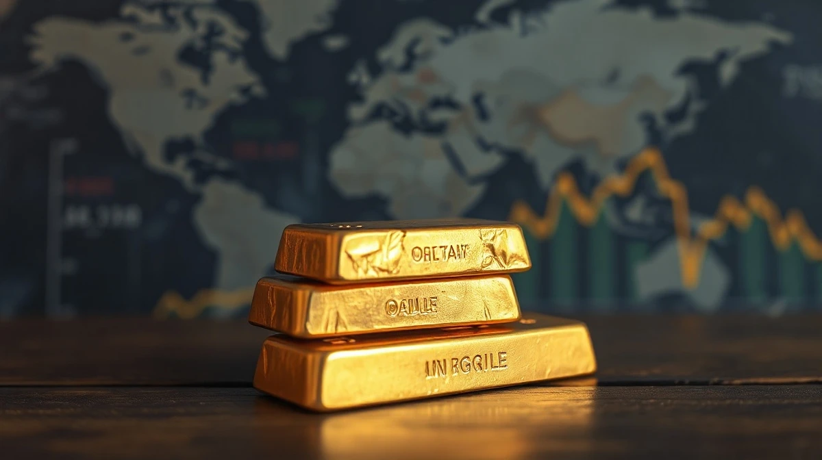 Gold bars on dark surface with world map and oil chart in background