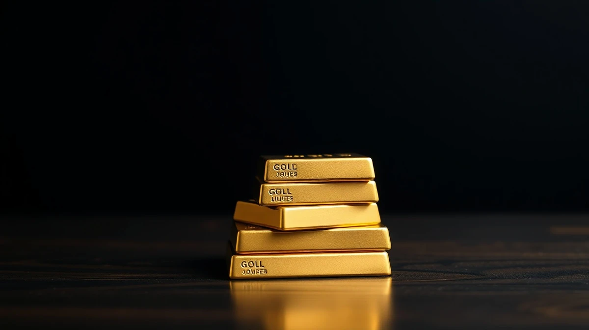 Stack of gold bullion bars on a dark surface with soft lighting
