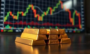 Gold bullion bars with a financial chart display in the background, representing gold's response to Federal Reserve policy.