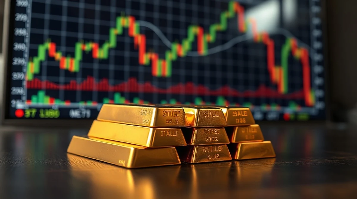 Gold bullion bars with a financial chart display in the background, representing gold's response to Federal Reserve policy.