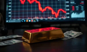 Gold bar and US dollar bills with a red price chart in the background, representing a market decline.