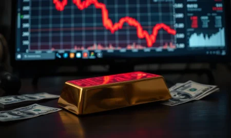Gold bar and US dollar bills with a red price chart in the background, representing a market decline.