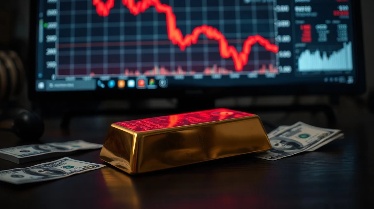 Gold bar and US dollar bills with a red price chart in the background, representing a market decline.