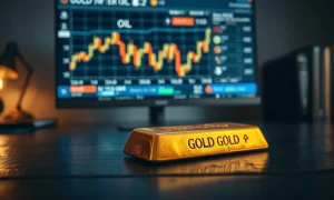 Gold bar in foreground with falling price chart and oil headlines blurred in background